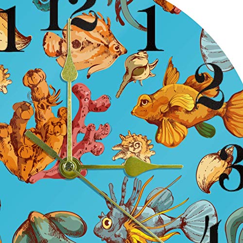 Silencioso reloj de pared redondo colgante reloj de peces de mar, color no hace tickets decoración del hogar para cocina, dormitorio, sala de estar, funciona con pilas 10 pulgadas