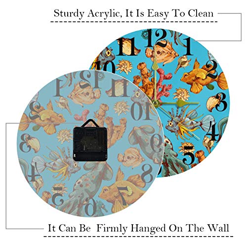 Silencioso reloj de pared redondo colgante reloj de peces de mar, color no hace tickets decoración del hogar para cocina, dormitorio, sala de estar, funciona con pilas 10 pulgadas