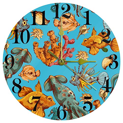 Silencioso reloj de pared redondo colgante reloj de peces de mar, color no hace tickets decoración del hogar para cocina, dormitorio, sala de estar, funciona con pilas 10 pulgadas