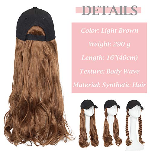 Silk-co Extensiones de Cabello Sin Clip Pelo Sintético Se Ve Natural Invisibles Baseball Cap Hat Postizos Pelucas para Mujer Rizada Ondulada #Marrón Claro (40cm,290g)