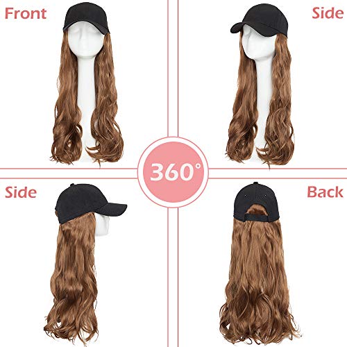 Silk-co Extensiones de Cabello Sin Clip Pelo Sintético Se Ve Natural Invisibles Baseball Cap Hat Postizos Pelucas para Mujer Rizada Ondulada #Marrón Claro (40cm,290g)
