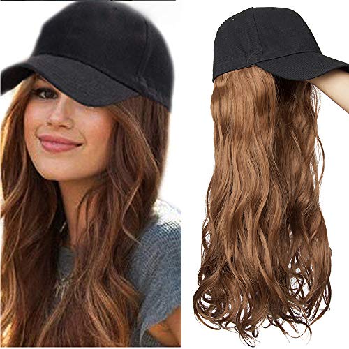 Silk-co Extensiones de Cabello Sin Clip Pelo Sintético Se Ve Natural Invisibles Baseball Cap Hat Postizos Pelucas para Mujer Rizada Ondulada #Marrón Claro (40cm,290g)