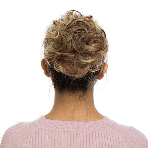 Silk-co Moño Postizo con Goma Grueso Se Ve Natural Coletero Pelo Postizo Peinado Alto Extensiones de Pelo Sintético para Mujer Rizado Ondulado Postizo 25g #Marrón Claro & Rubio Ceniza