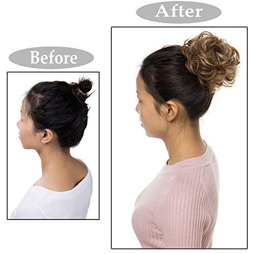 Silk-co Moño Postizo con Goma Grueso Se Ve Natural Coletero Pelo Postizo Peinado Alto Extensiones de Pelo Sintético para Mujer Rizado Ondulado Postizo 25g #Marrón Claro & Rubio Ceniza
