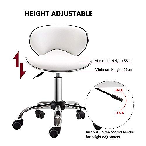 Silla Taburete Giratorio con Rueditas，Tabourete Reglable en Altura con Blanco PVC Cuero Sintético Asiento，Altura Regulable 40-52 cm，160kg de Capacidad de Carga，Taburete Ruedas Tatuador con Respaldo p
