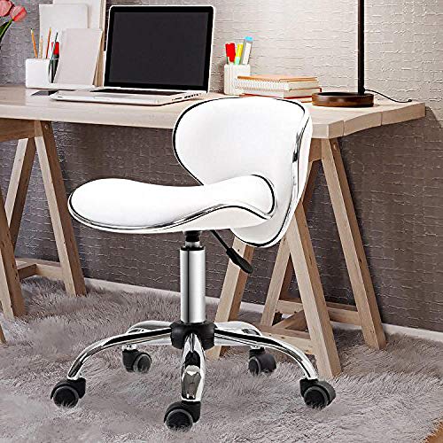 Silla Taburete Giratorio con Rueditas，Tabourete Reglable en Altura con Blanco PVC Cuero Sintético Asiento，Altura Regulable 40-52 cm，160kg de Capacidad de Carga，Taburete Ruedas Tatuador con Respaldo p