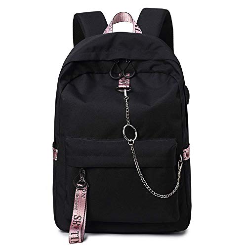 Silver Tulip College Shoulders Bags Bolsos de Libros Escolares para niños Girls Travel Canvas Backpack con Puerto USB (Negro Rosa)