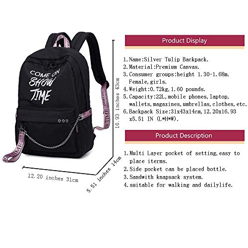 Silver Tulip Mochila para Ordenador portátil para niños, Mochilas Escolares, Mochila para niñas (Negro y Rosa, Grande sin Puerto USB)