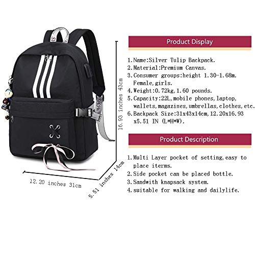 Silver Tulip Mochila para portátil Universidad Hombros Niños Escuela Bolsas de Libros Mochila para niñas (Negro, Grande con Puerto USB)