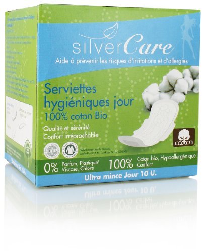 Silvercare - Toalla ultrafina para mujer, 100% algodón orgánico, caja de 10 unidades
