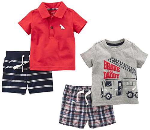 Simple Joys by Carter's - Juego de ropa de juego para niños (4 piezas) ,Red Plaid/Fire Truck/Blue Stripe ,12 Months