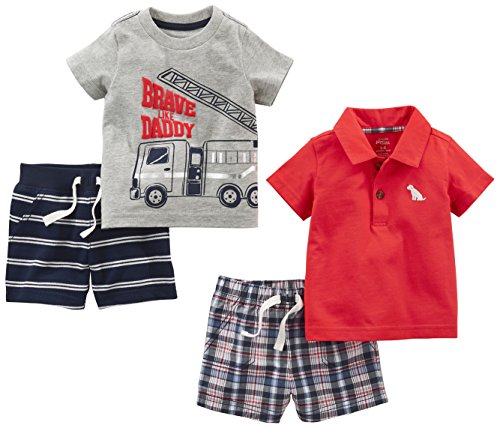 Simple Joys by Carter's - Juego de ropa de juego para niños (4 piezas) ,Red Plaid/Fire Truck/Blue Stripe ,12 Months