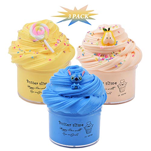 SIMUER Paquete de 3 Paquetes de Baba de Mantequilla y amuletos, Limo de Nube perfumada, Limo de Pera, Limo de Paleta Amarilla y Limo Azul Suave y no pegajoso, Arcilla esponjosa