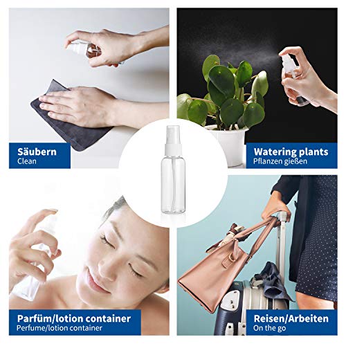 Sizzey Botella de spray vacios Plástico 8 x 50 ml, atomizador de niebla fina transparente con embudos para limpieza/atomizador de perfume/riego de plantas/cabello, etc.