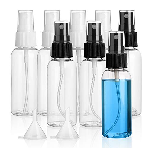 Sizzey Botella de spray vacios Plástico 8 x 50 ml, atomizador de niebla fina transparente con embudos para limpieza/atomizador de perfume/riego de plantas/cabello, etc.