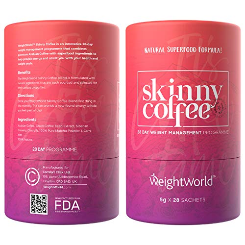 Skinny Coffee, Café Instantáneo Control del Peso Programa de 28 días - Café Árabe, Granos Café Verde, Ginseng, Chlorella, Polvo Matcha y L-Carnitina, Café Quemagrasas Para Adelgazar, Vegano
