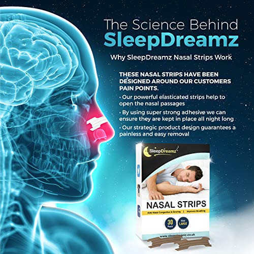 SleepDreamz tiras nasales grandes antironquidos - Diseñadas contra la congestión nasal, respiración pesada, ronquidos y apnea del sueño - 30 Tiras nasales antironquidos que dejan de roncar