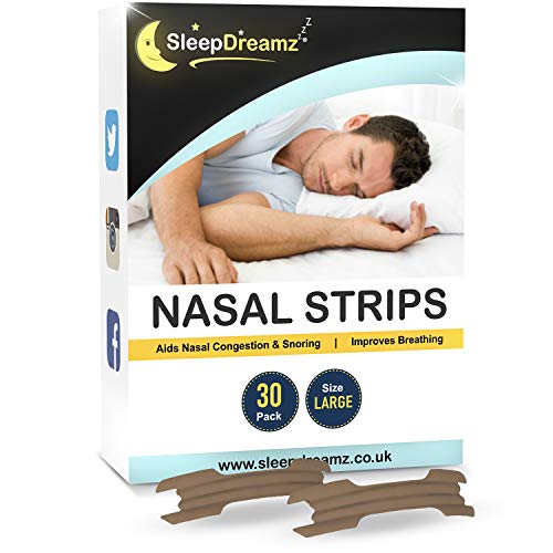 SleepDreamz tiras nasales grandes antironquidos - Diseñadas contra la congestión nasal, respiración pesada, ronquidos y apnea del sueño - 30 Tiras nasales antironquidos que dejan de roncar