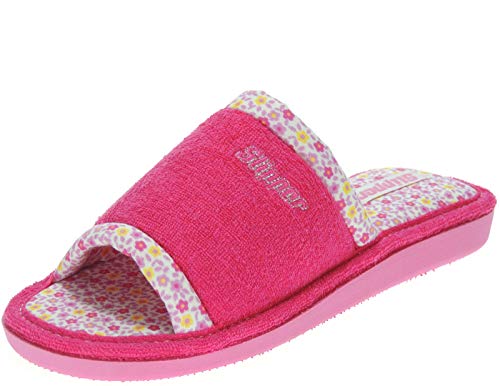 Slipper 16-107 Zapatilla Llana Chinela Destalonada Descalza y Punta Abierta en Toalla con Mariposa de Casa para Mujer Fucsia Talla 36
