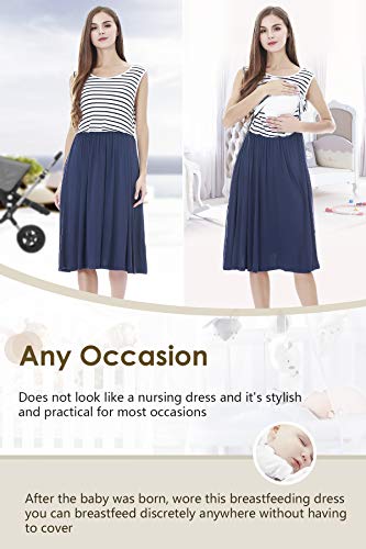 Smallshow Mujer Vestido de Lactancia de Maternidad, en Capas, con Bolsillos Navy Stripe-Navy Large