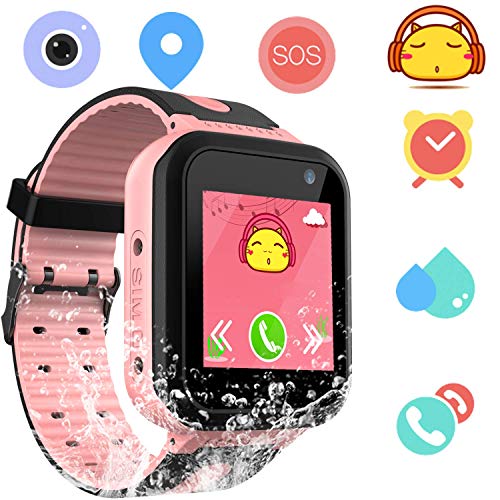 Smartwatch Impermeable para Niños Niñas - Reloj Teléfono con Localizador LBS Chat de Voz SOS Cámara Linterna Despertador Juegos Regalo Relojes Estudiante Smart Watch Compatibles con iOS Android,Rosa