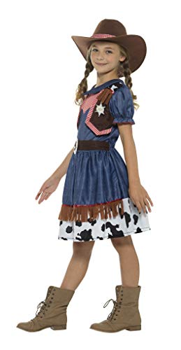 Smiffys-21482M Disfraz de Vaquera Tejana, con Vestido, Chaleco Cosido y Sombrero, Color Azul, M-Edad 7-9 años (Smiffy'S 21482M)
