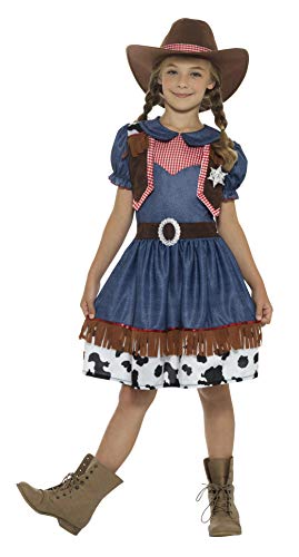 Smiffys-21482M Disfraz de Vaquera Tejana, con Vestido, Chaleco Cosido y Sombrero, Color Azul, M-Edad 7-9 años (Smiffy'S 21482M)