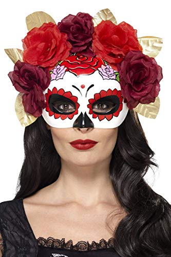 Smiffys Semimáscara de rosas del día de muertos, Rojo