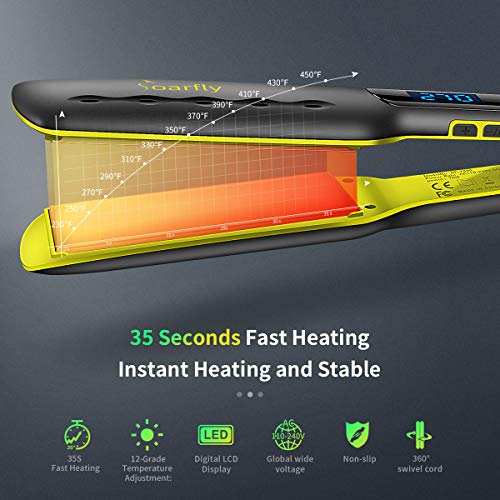 Soarfly Plancha de pelo de hierro plano iónico de turmalina de cerámica, planeador profesional para salón de instrumentos, barra de temperatura ajustable, para todo tipo de cabello