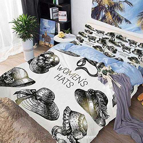 Soefipok Juego de Funda nórdica de 3 Piezas, colección de Sombreros de Mujer Vintage y catálogo de Moda Retro Imagen de Tocado Antiguo Femenino, 100% Microfibra súper Suave, Transpirable, Negro