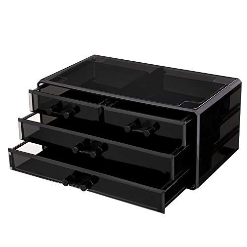 SONGMICS 2 en 1 Organizador para cosméticos Caja Maquillaje Cajones Acrílico Transparente Negro 24 x 13,5 x 19 cm