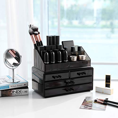 SONGMICS 2 en 1 Organizador para cosméticos Caja Maquillaje Cajones Acrílico Transparente Negro 24 x 13,5 x 19 cm