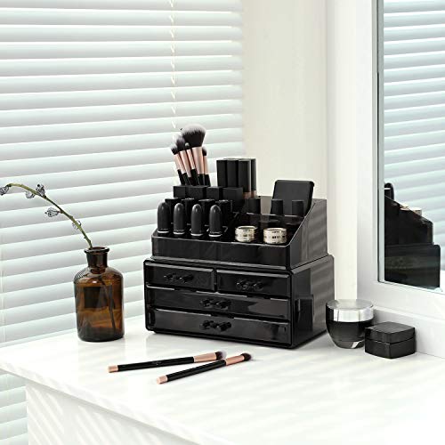 SONGMICS 2 en 1 Organizador para cosméticos Caja Maquillaje Cajones Acrílico Transparente Negro 24 x 13,5 x 19 cm