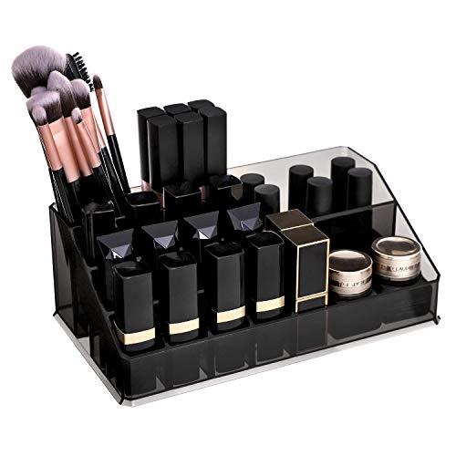 SONGMICS 2 en 1 Organizador para cosméticos Caja Maquillaje Cajones Acrílico Transparente Negro 24 x 13,5 x 19 cm