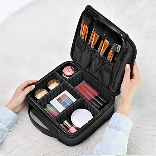 SONGMICS Bolsa de Cosméticos, Estuche de Maquillaje, Neceser de Viaje con Compartimentos Divididos Ajustables, Bolsillos para Cepillos, de Regalo, Negro MUC24BK