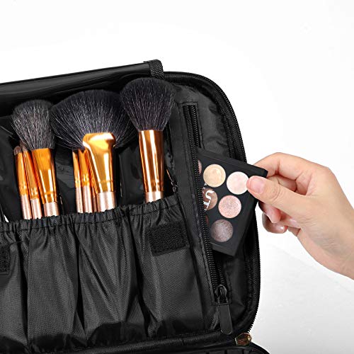 SONGMICS Bolsa de Cosméticos, Estuche de Maquillaje, Neceser de Viaje con Compartimentos Divididos Ajustables, Bolsillos para Cepillos, de Regalo, Negro MUC24BK