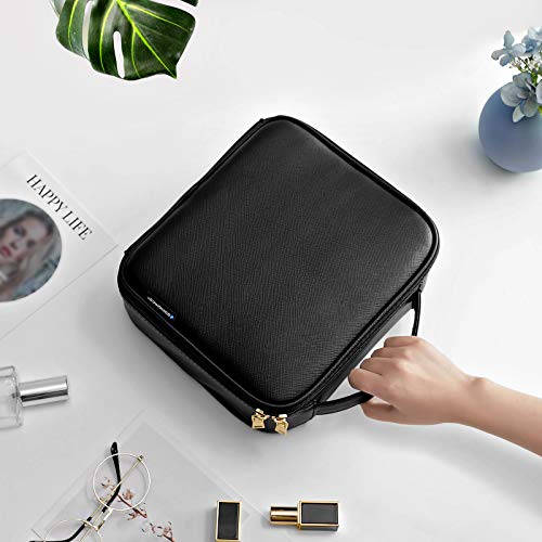 SONGMICS Bolsa de Cosméticos, Estuche de Maquillaje, Neceser de Viaje con Compartimentos Divididos Ajustables, Bolsillos para Cepillos, de Regalo, Negro MUC24BK