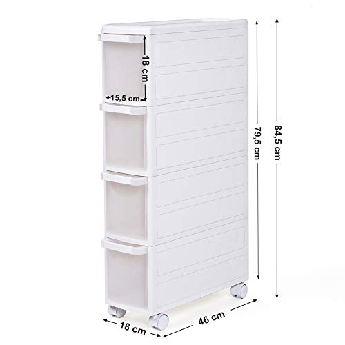 SONGMICS Carrito Estrecho con Ruedas, Estantería de Almacenamiento con Cajones, 4 Niveles Utilizables por Separado, Plástico PP, Blanco, 18 x 46 x 84,5 cm (Anchura x Profundiad x Altura) KFR05W