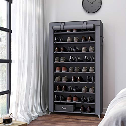SONGMICS Estante para Zapatos de 10 niveles con Tapa Antipolvo, Armario para Guardar Zapatos, Organizador para Zapatos con Capacidad para 40 Pares de Zapatos, 88 x 28 x 160 cm, Gris RXJ36G