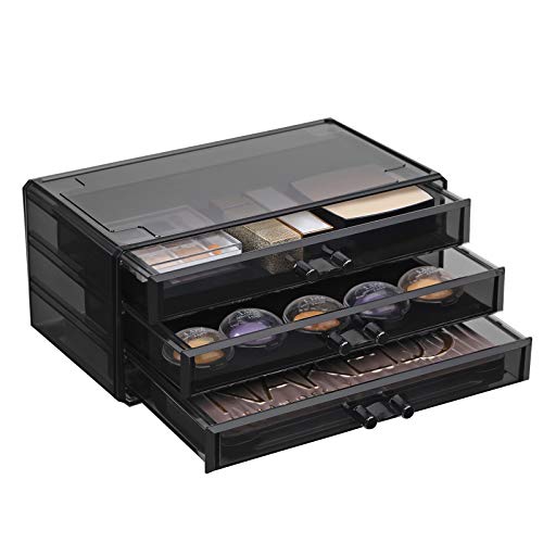 SONGMICS Organizador de Maquillaje Acrílico Grande, Caja de Cosméticos Apilable con 6 Cajones, para Paleta, Cepillo, Base de Maquillaje, Lápiz Labial, Esmalte de uñas, Regalo, Negro JKA009BK