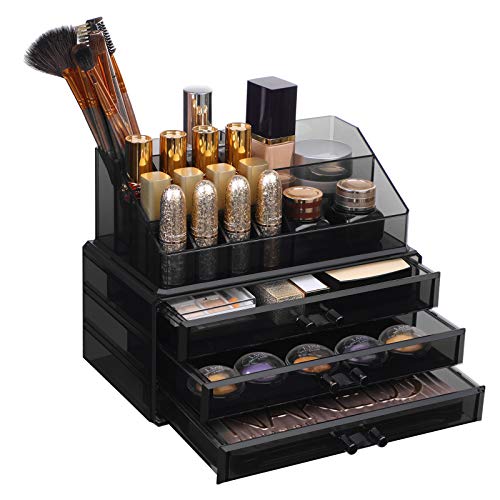 SONGMICS Organizador de Maquillaje Acrílico Grande, Caja de Cosméticos Apilable con 6 Cajones, para Paleta, Cepillo, Base de Maquillaje, Lápiz Labial, Esmalte de uñas, Regalo, Negro JKA009BK