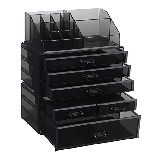 SONGMICS Organizador de Maquillaje Acrílico Grande, Caja de Cosméticos Apilable con 6 Cajones, para Paleta, Cepillo, Base de Maquillaje, Lápiz Labial, Esmalte de uñas, Regalo, Negro JKA009BK