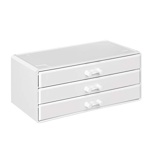 SONGMICS Organizador de Maquillaje, Estuche de Cosméticos con 3 Cajones y 15 Compartimentos de Diferentes Tamaños, Alfombrillas Antideslizantes, Blanco JKA002WT