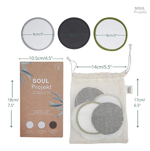 Soul Projekt x 20 Discos Desmaquillantes Reutilizables, Almohadillas faciales orgánicas ecológicas de algodón de bambú, Bolsa de lavandería de algodón