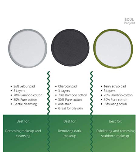 Soul Projekt x 20 Discos Desmaquillantes Reutilizables, Almohadillas faciales orgánicas ecológicas de algodón de bambú, Bolsa de lavandería de algodón