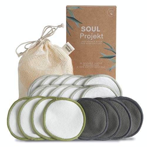 Soul Projekt x 20 Discos Desmaquillantes Reutilizables, Almohadillas faciales orgánicas ecológicas de algodón de bambú, Bolsa de lavandería de algodón