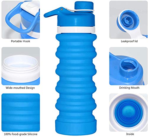 SOULBEST Botella de Agua Plegable Botella de Agua Plegable a Prueba de Fugas Botella de Bebida Plegable de Silicona portátil para Deporte Senderismo Ciclismo Acampada BPA Gratis 550 ml (Azul)
