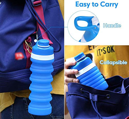 SOULBEST Botella de Agua Plegable Botella de Agua Plegable a Prueba de Fugas Botella de Bebida Plegable de Silicona portátil para Deporte Senderismo Ciclismo Acampada BPA Gratis 550 ml (Azul)