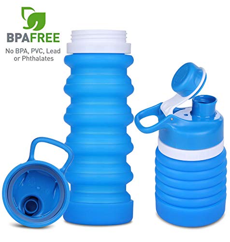 SOULBEST Botella de Agua Plegable Botella de Agua Plegable a Prueba de Fugas Botella de Bebida Plegable de Silicona portátil para Deporte Senderismo Ciclismo Acampada BPA Gratis 550 ml (Azul)