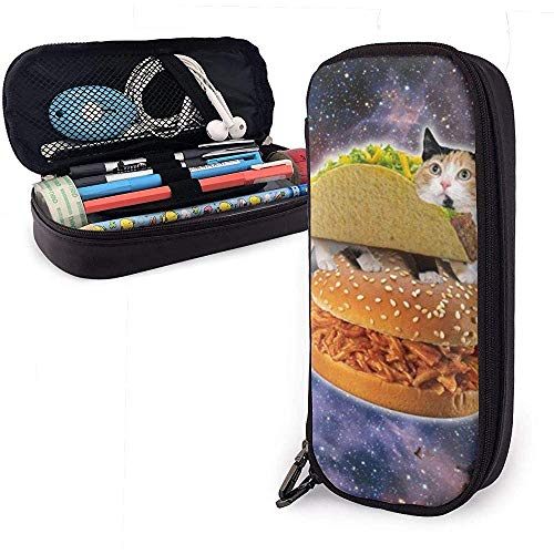 Space Cat Eating Burger Pencil Pen Case, bolsa de maquillaje de gran capacidad para bolsa de lápices